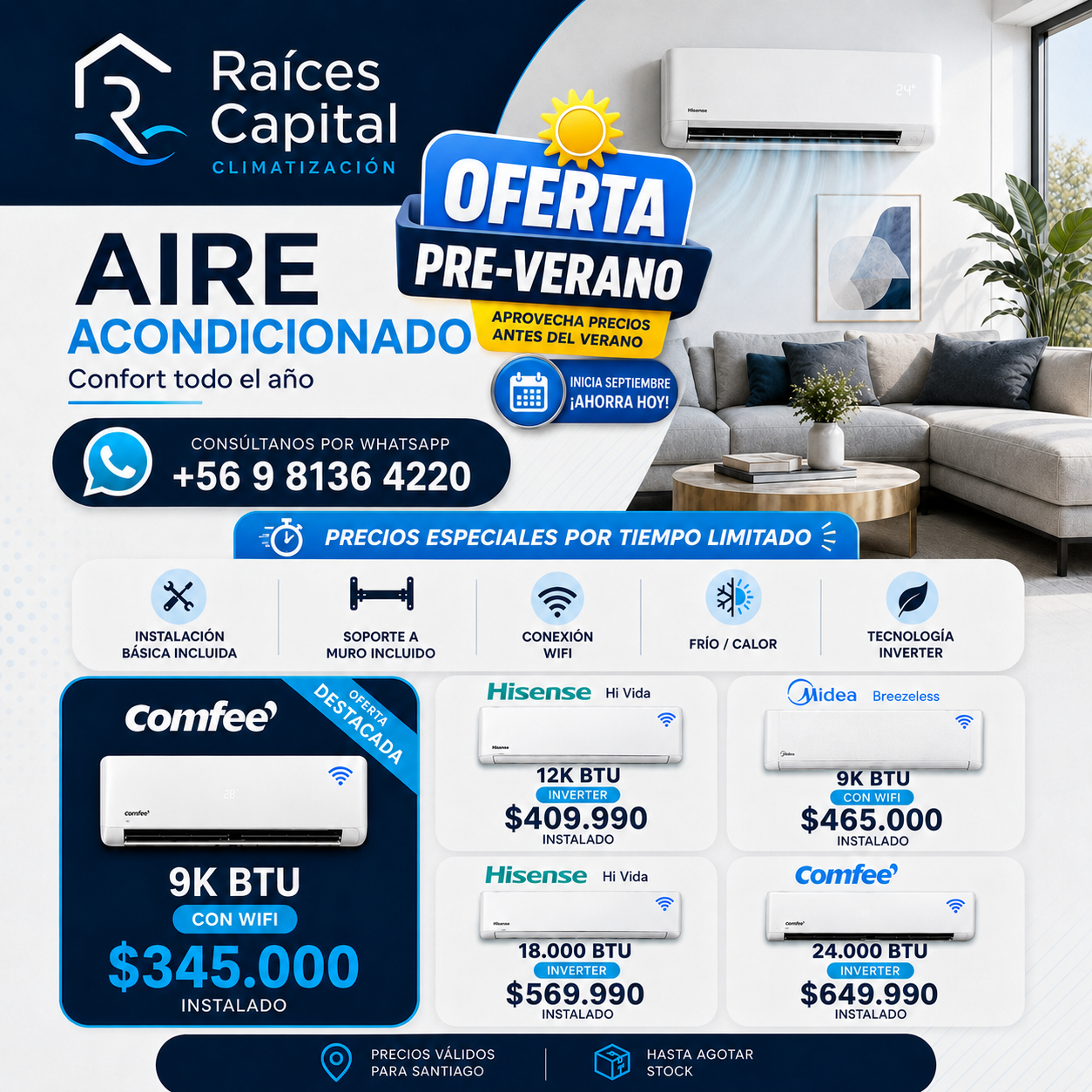 Oferta de equipos de aire acondicionado Raíces Capital, con instalación incluida